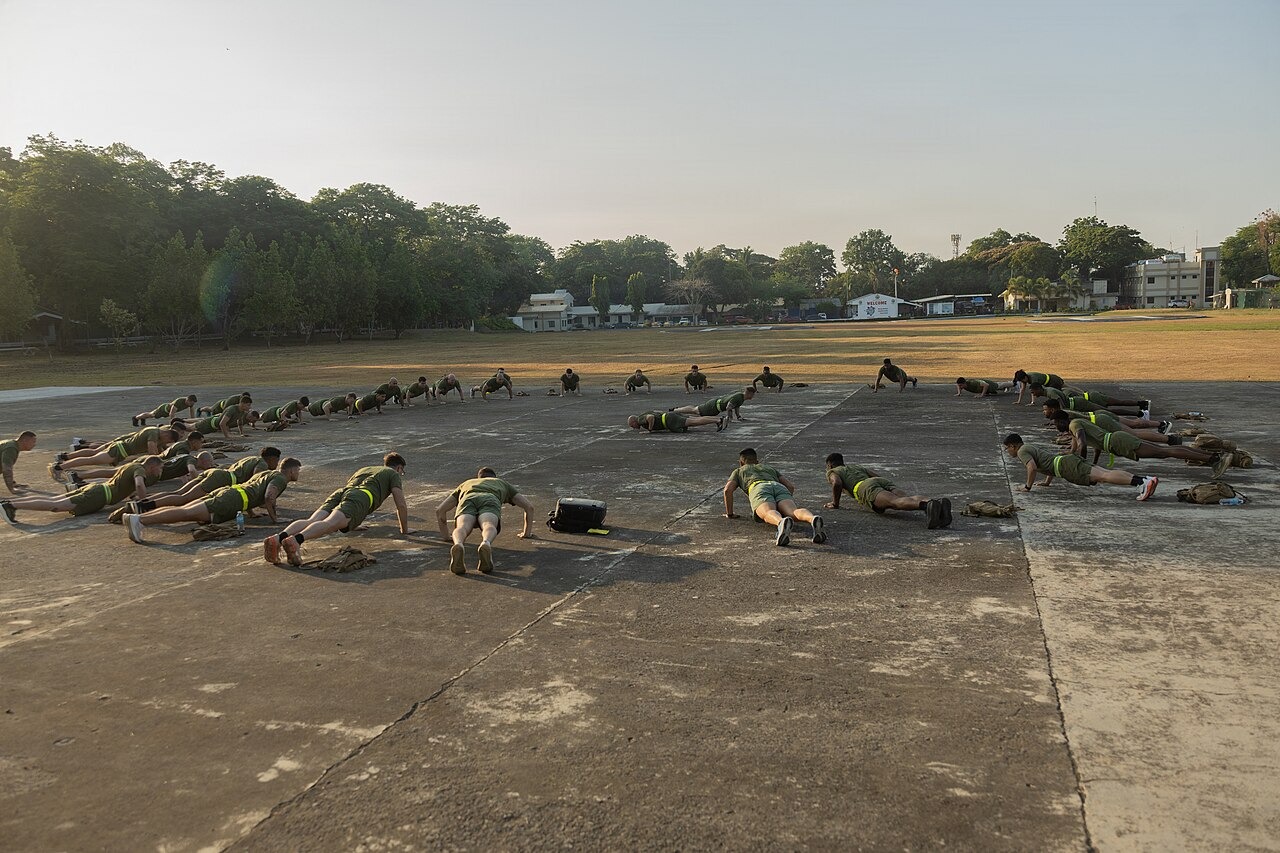 File photo: U.S. Marines and Sailors conduct physical training during Exercise Balikatan at Camp Nakar, Lucena, Philippines, April 24, 2026. File photograph; it does not depict the reported network exercise. Illustrative context; not a photograph of the reported event.