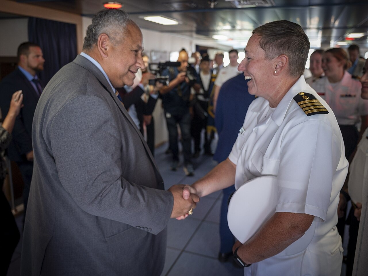 File photo: Secretary of the Navy Carlos Del Toro greets a uniformed officer during a tour of the second National Security Multi-Mission Vessel at Philly Shipyard in Philadelphia on Sept. 9, 2024. Illustrative context; not a photograph of the reported event.